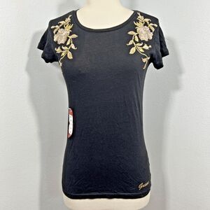 Guess Top Womens S Black Trisha Embellished Tee Logo Y2K